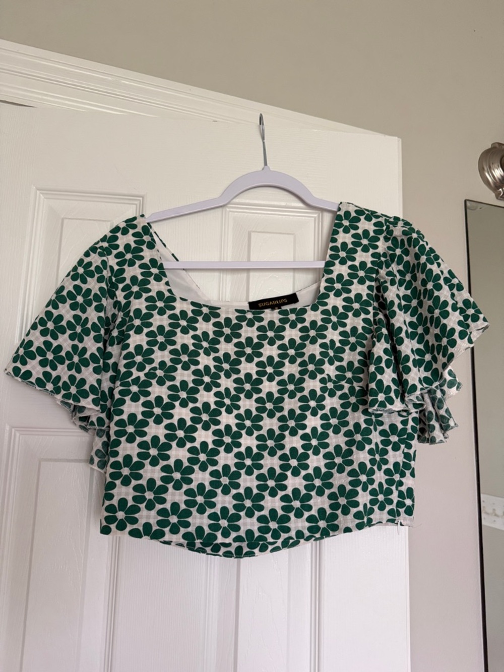 Sugarlips green and white floral ruffle sleeve square neck crop top
